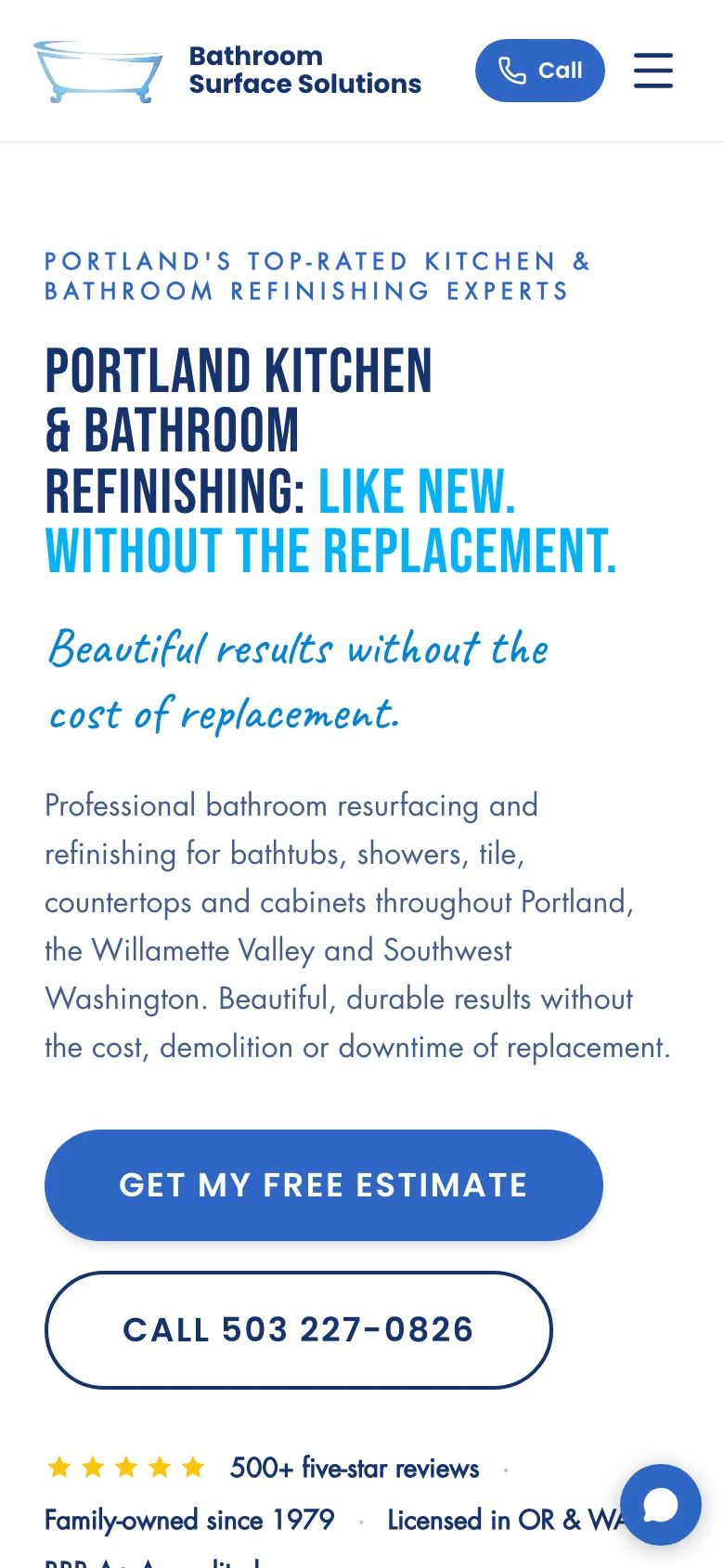Fresh high-resolution mobile capture of the Bathroom Surface Solutions website