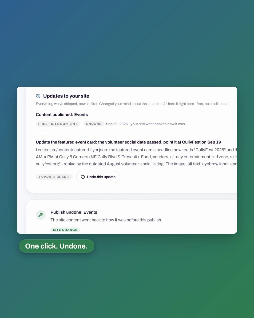 The What's New version history: a Content published Events entry marked undone, with the live Undo this update button on the newest publish.