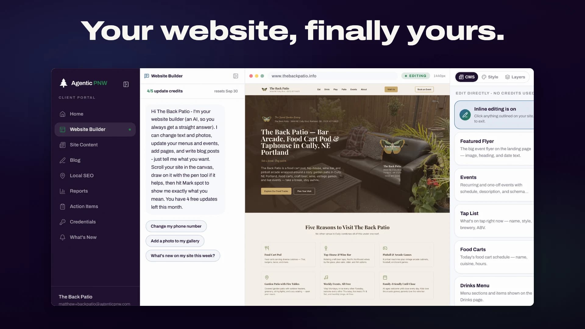 The Agentic PNW client portal: The Back Patio's home dashboard with an 8.9 of 10 local score, six audit categories, and the week's activity on one page.