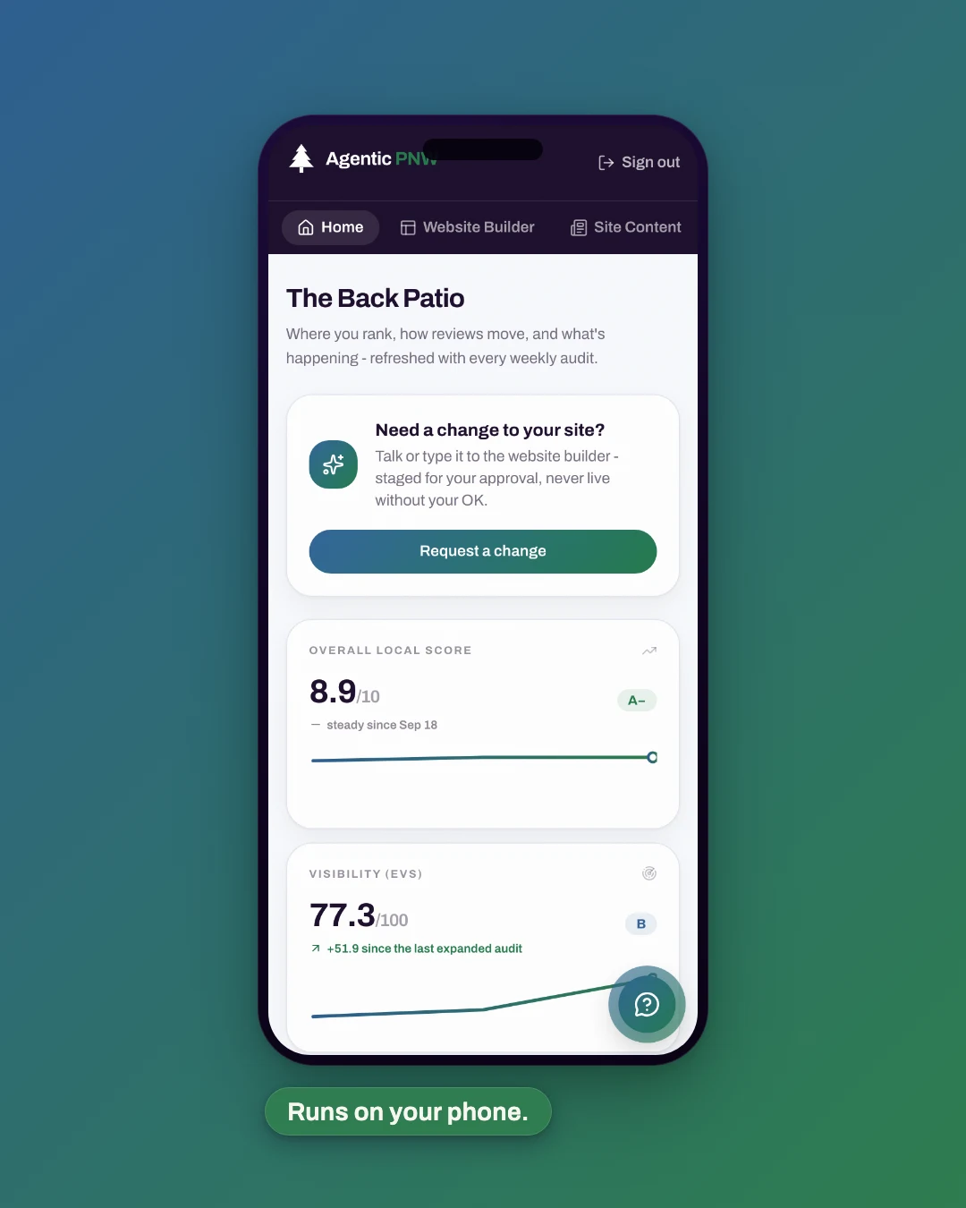 The portal on a phone: The Back Patio's header, the request-a-change band, and the 8.9 of 10 score card, full width and thumb friendly.