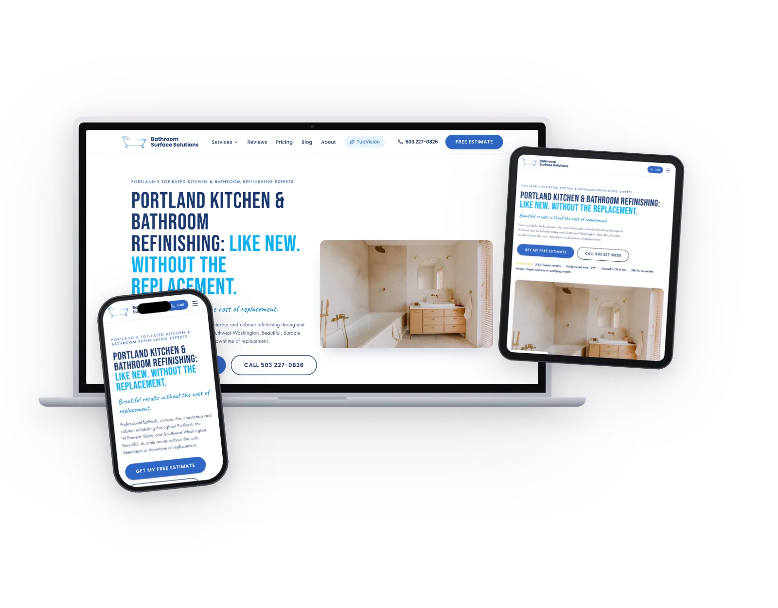 Bathroom Surface Solutions website on laptop, tablet, and phone