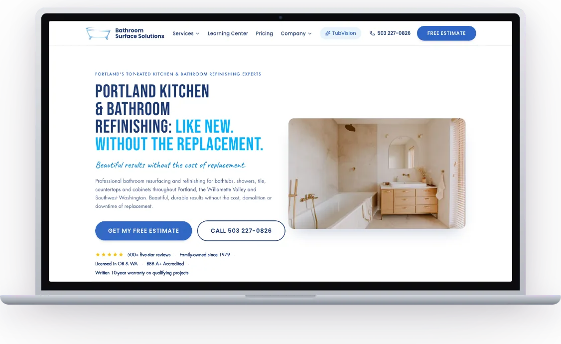 Bathroom Surface Solutions website on laptop