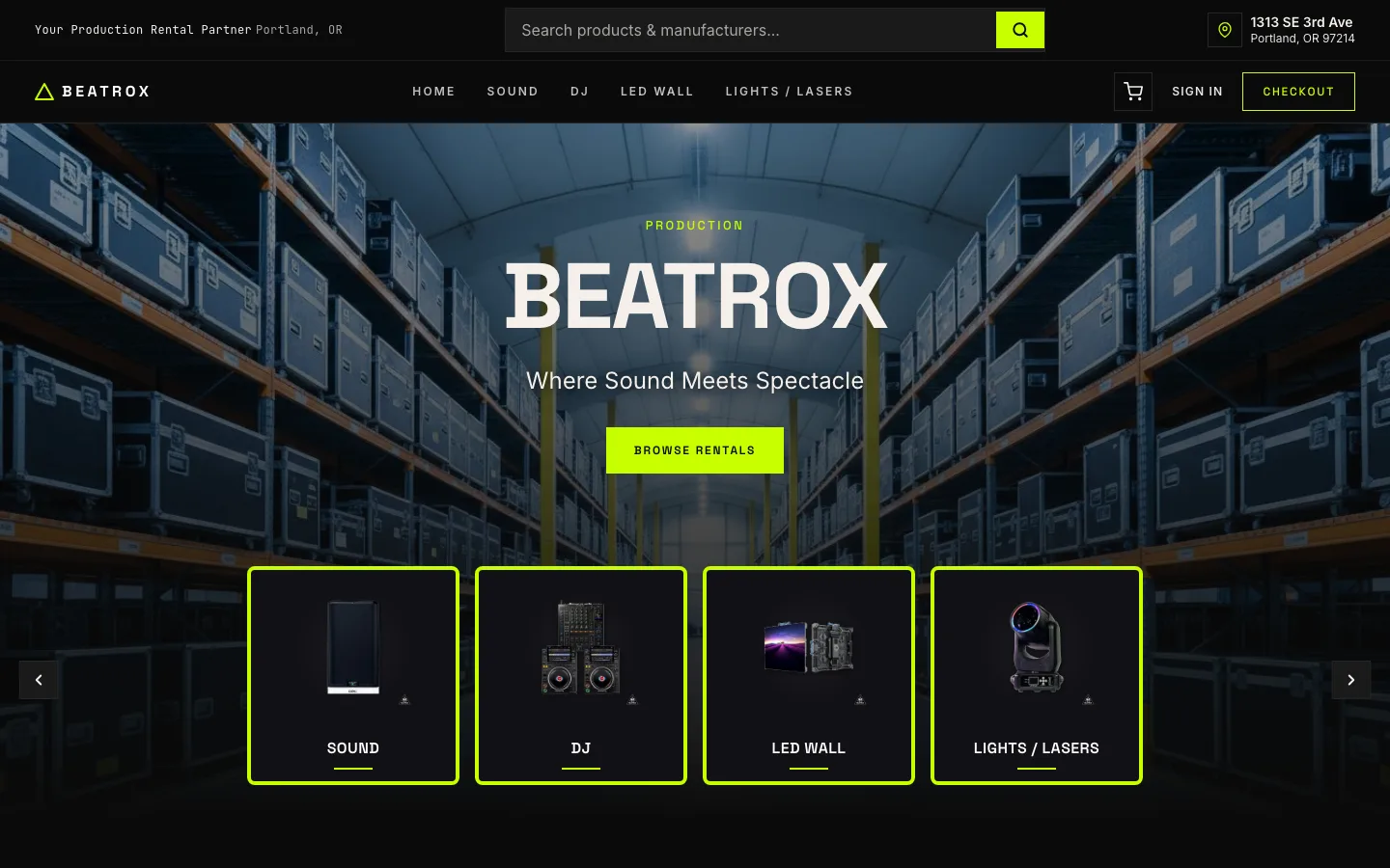 Beatrox rentals storefront: searchable catalog of production gear