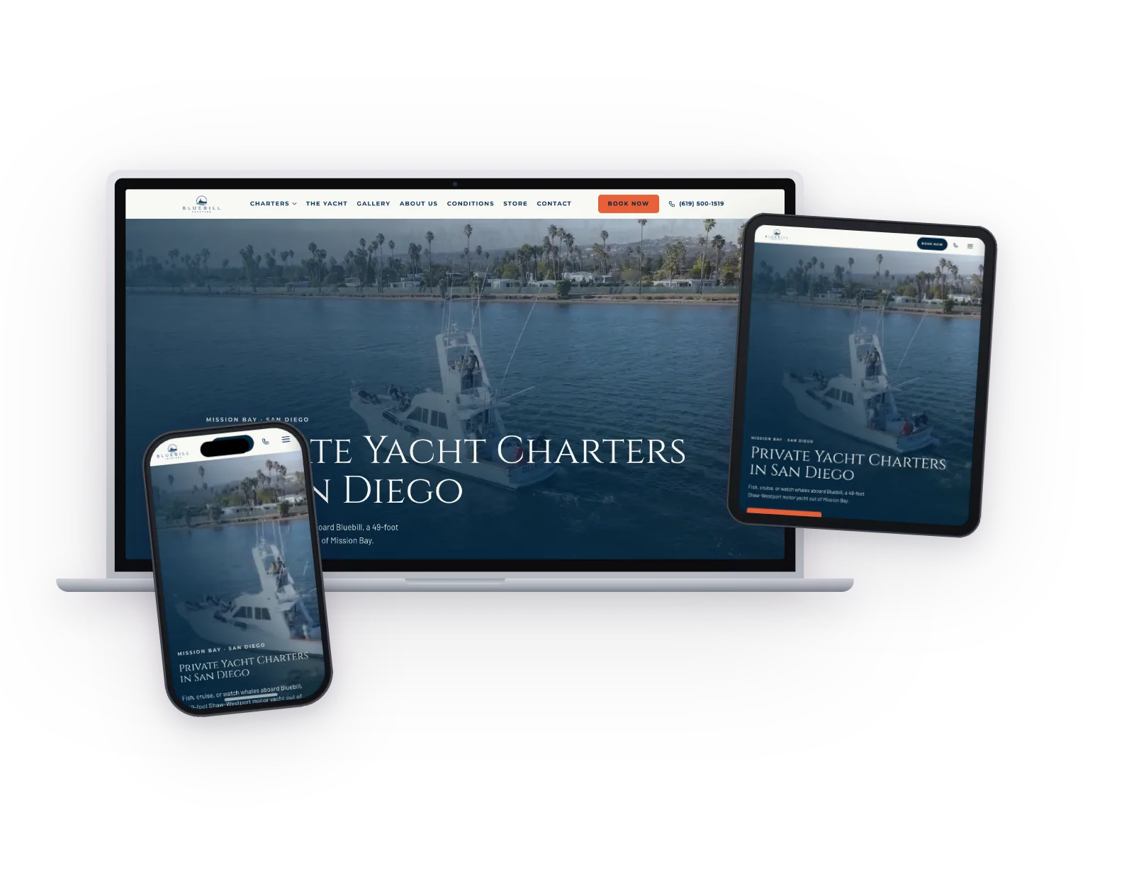 Bluebill Charters website on laptop, tablet, and phone