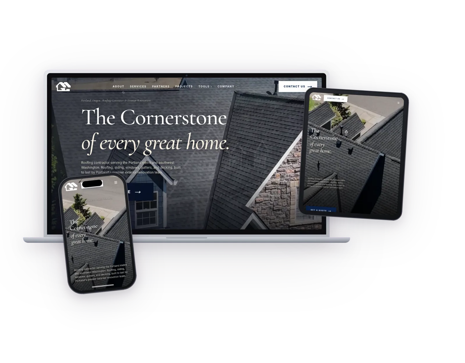 Cornerstone Renovations website on laptop, tablet, and phone