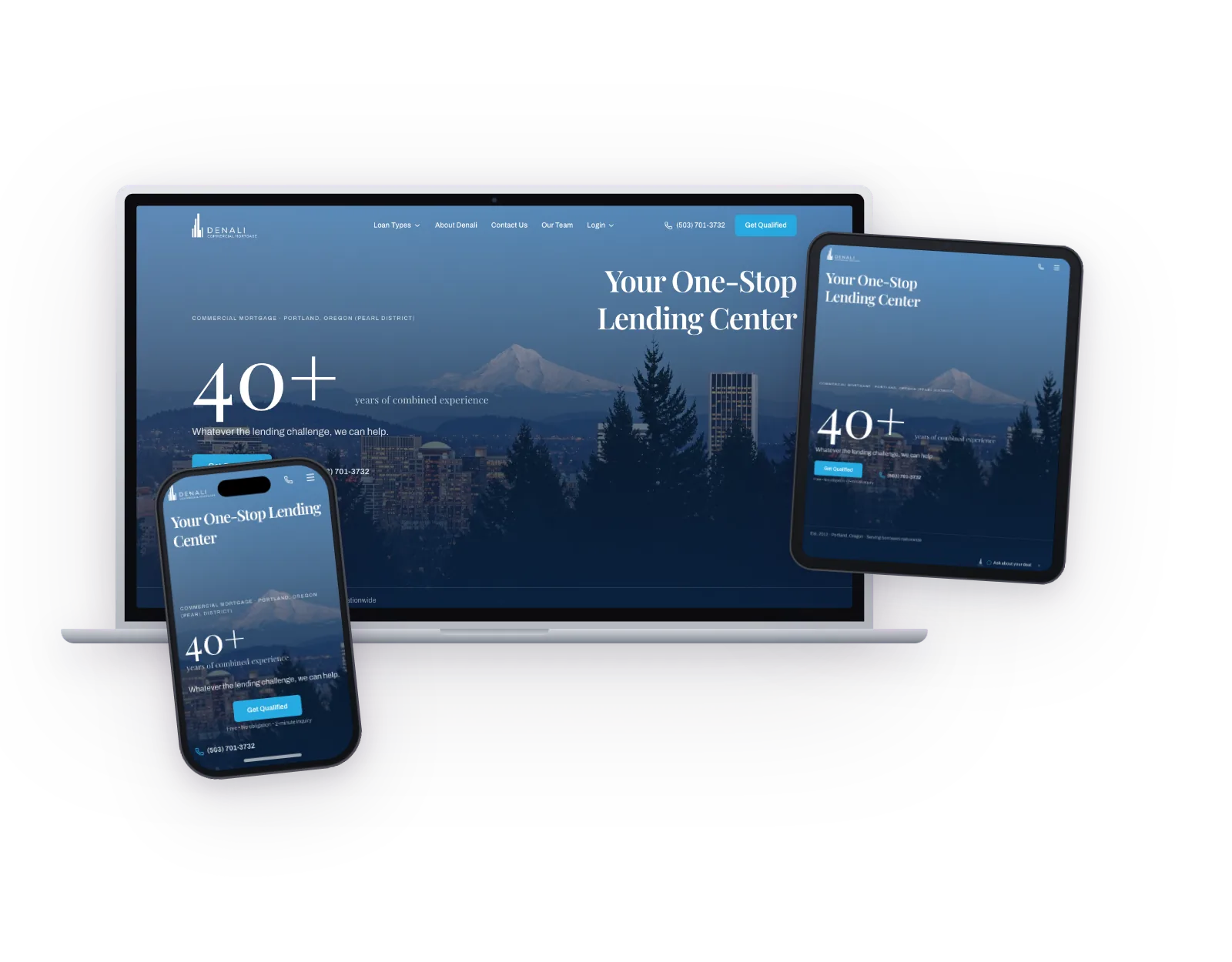 Denali Commercial Mortgage website on laptop, tablet, and phone