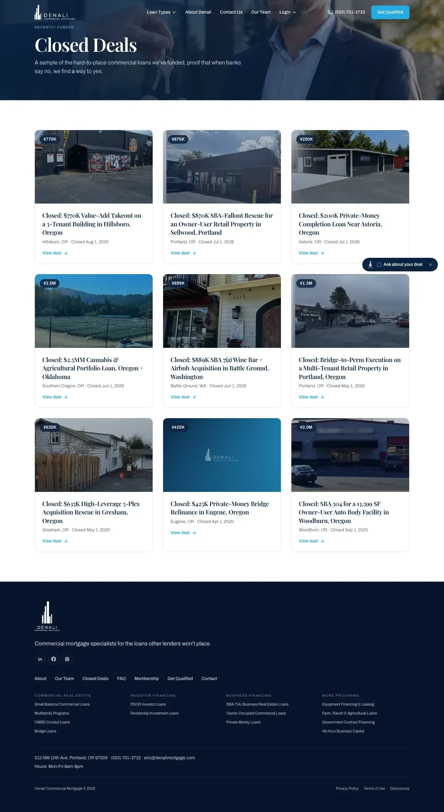 Live: full page screenshot of denalimortgage.com/closed-deals