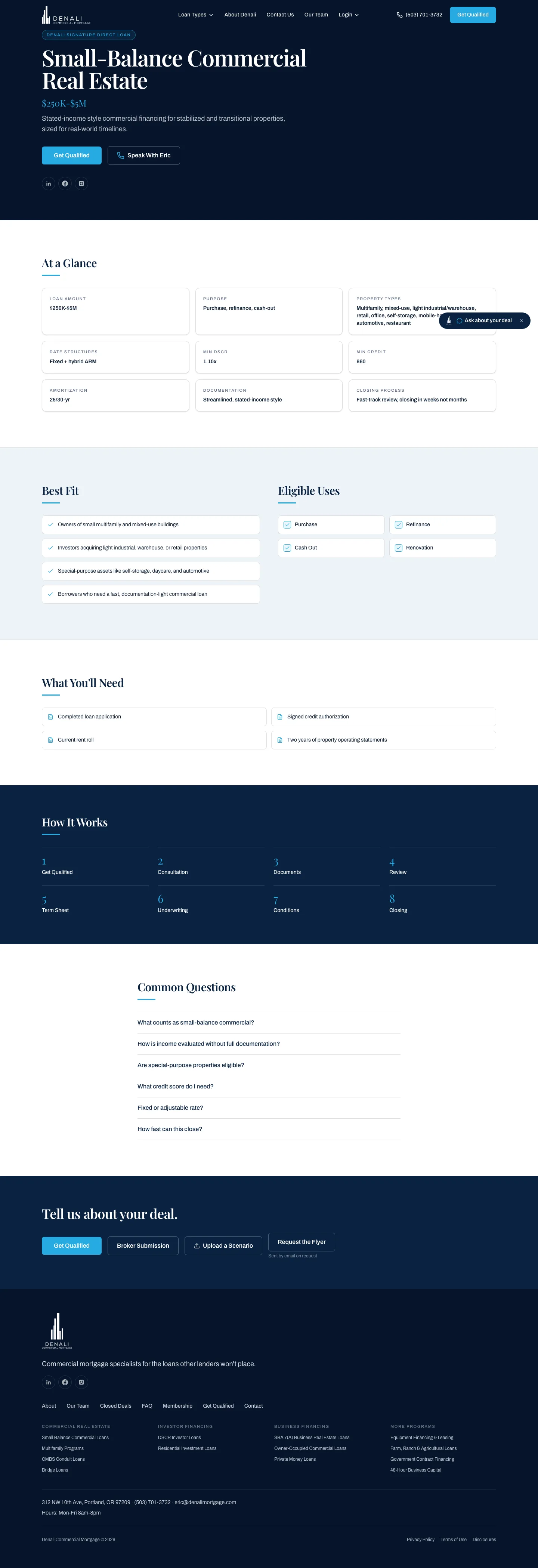 Live: full page screenshot of denalimortgage.com/small-balance-direct