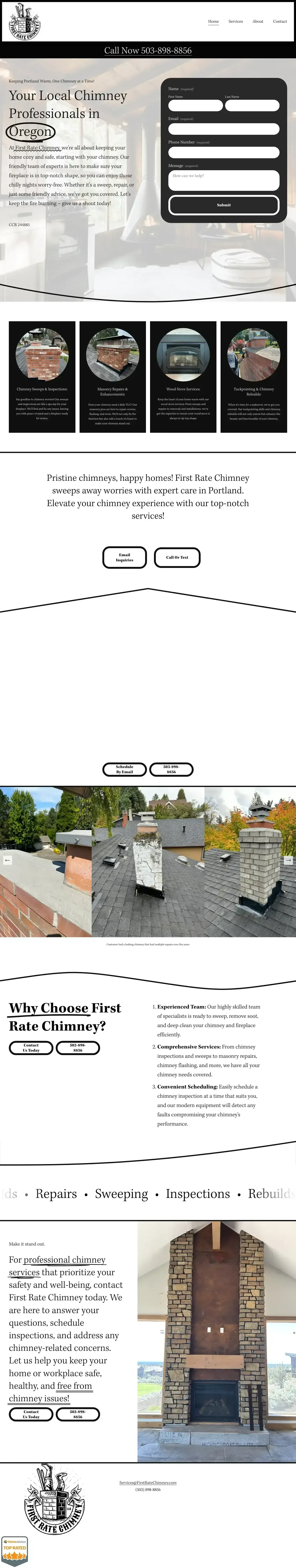 Before: full page screenshot of firstratechimney.com (Squarespace)