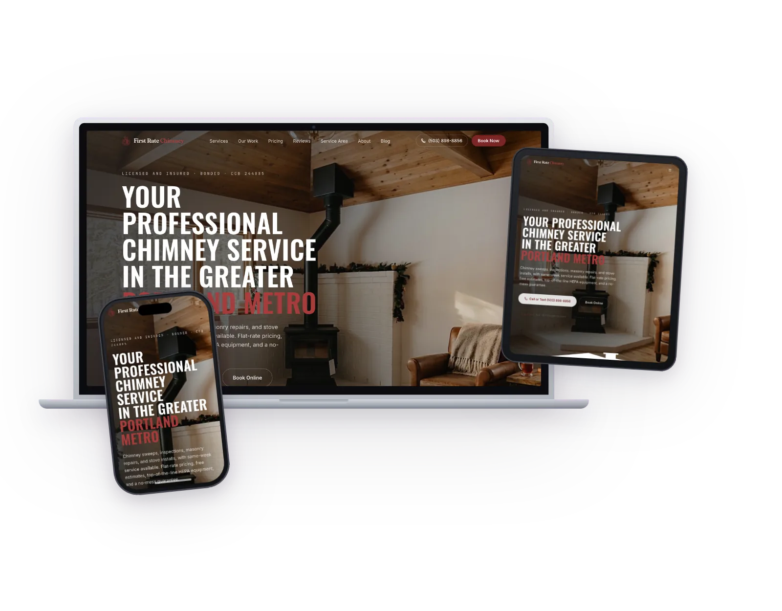 First Rate Chimney website on laptop, tablet, and phone