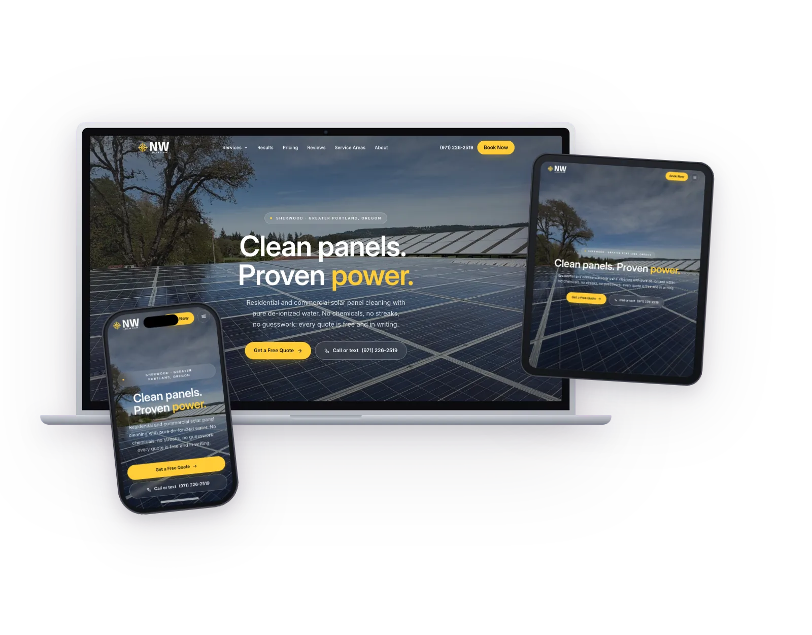 Northwest Solar Clean website on laptop, tablet, and phone