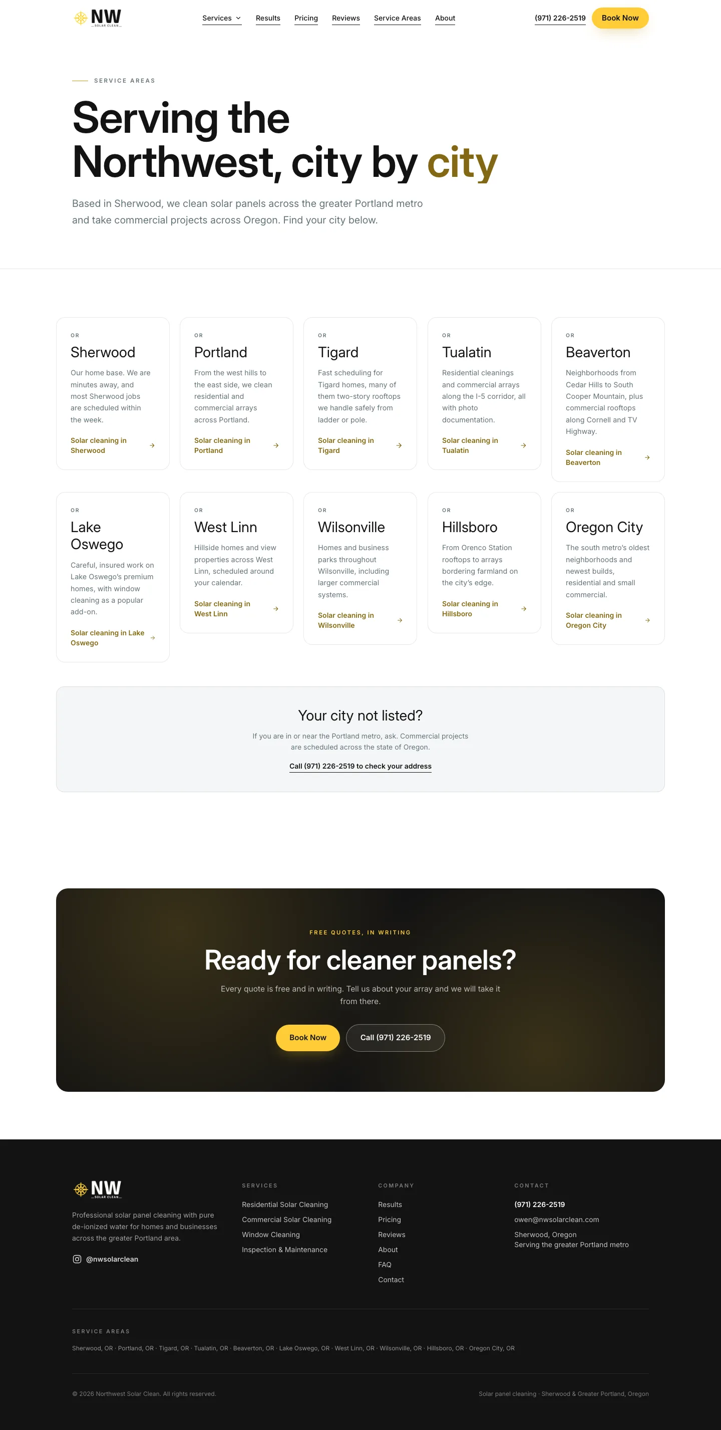 Live: full page screenshot of nwsolarclean.com/service-areas