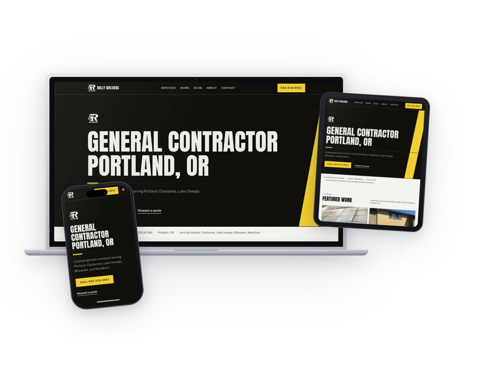 Rolly Builders website on laptop, tablet, and phone