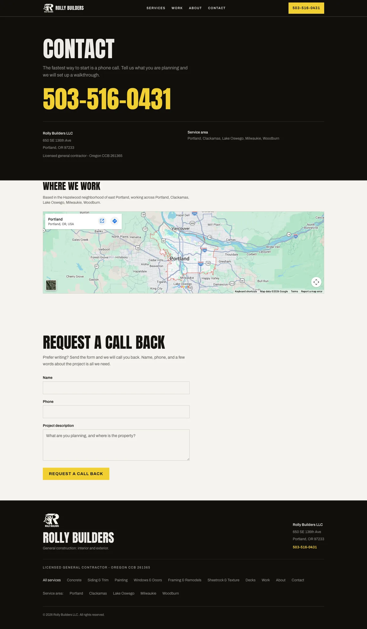 Live: full page screenshot of rollybuilders.com/contact