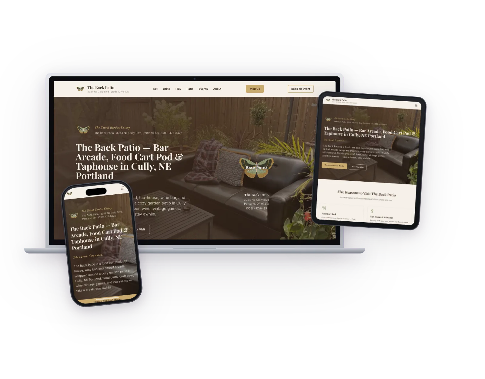 The Back Patio website on laptop, tablet, and phone